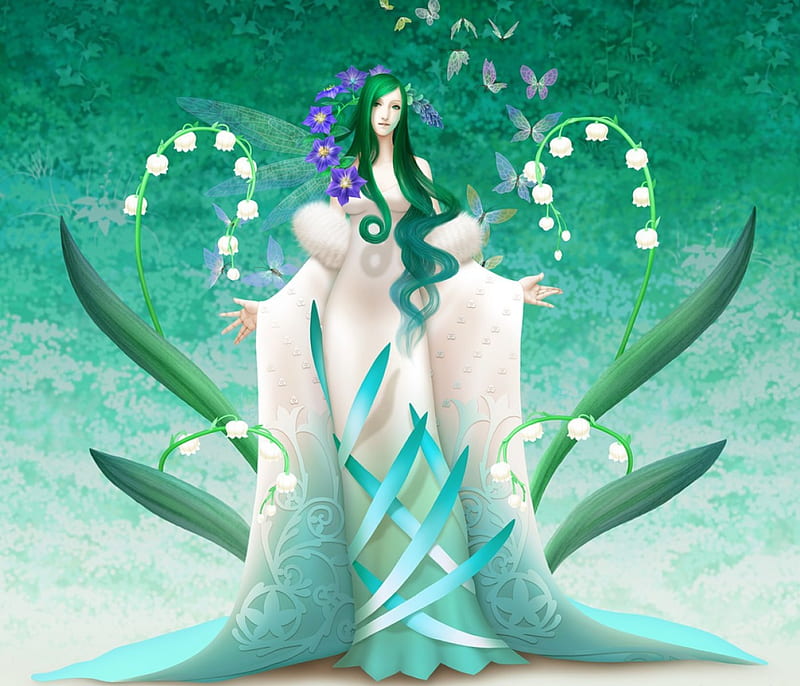 Spring Goddess, goddess, flowers, bonito, spring, butterflies, white, lady, HD wallpaper