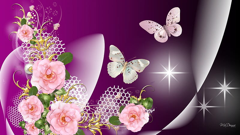 Wild Pink Roses, flowers, lustre, flash, lights, sparkle, glint, butterfly, scintillate, flowers, glisten, radiate, flare, spangle, glimmer, purple, luster, glow, twinkle, shine, winkle, shimmer, papillon, pink, glitter, magenta, spring, butterflies, glister, roses, netting, summer, wink, gleam, shiny, HD wallpaper