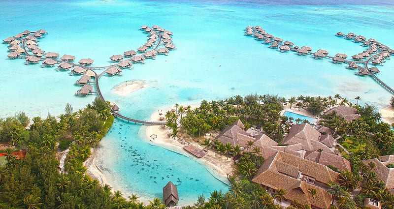 Beautiful View over Blue Lagoon Bora Bora Tahiti South Pacific, polynesia, bonito, sea, atoll, beach, lagoon, bora bora, sand, bungalows, south pacific, blue, islands, view, clear, ocean, shallow, visat, water, island, tahiti, villas, HD wallpaper