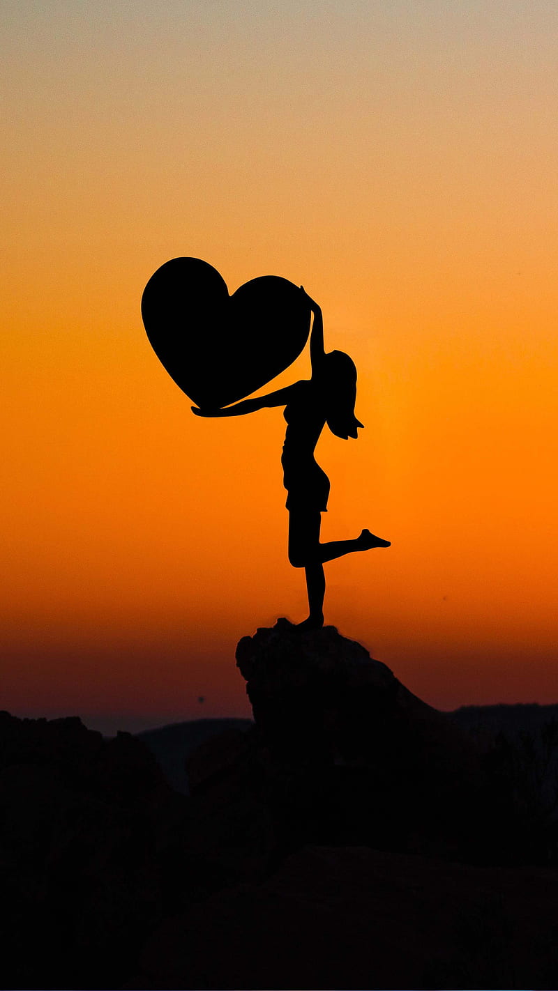 Girl with heart , sun set, love, HD phone wallpaper