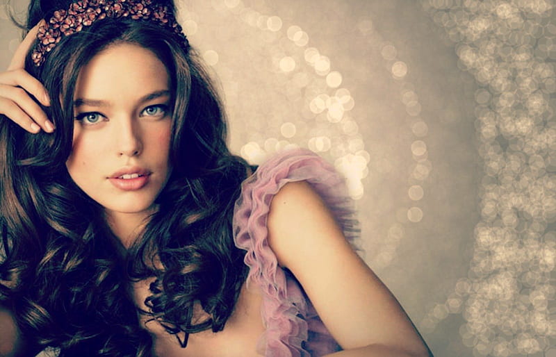 Emily Didonato, model, glitter, by cehenot, woman, brunette, girl, purple, beauty, blue eyes, pink, HD wallpaper