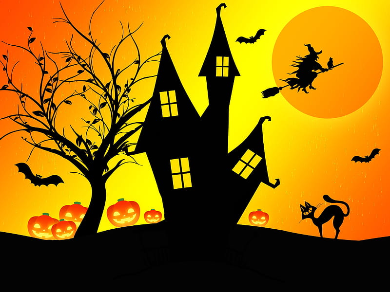 Happy Halloween!, pisici, witch, moon, halloween, haunted house, black, yellow, silhouette, moon, tree, black cat, bat, pumpkin, night, HD wallpaper