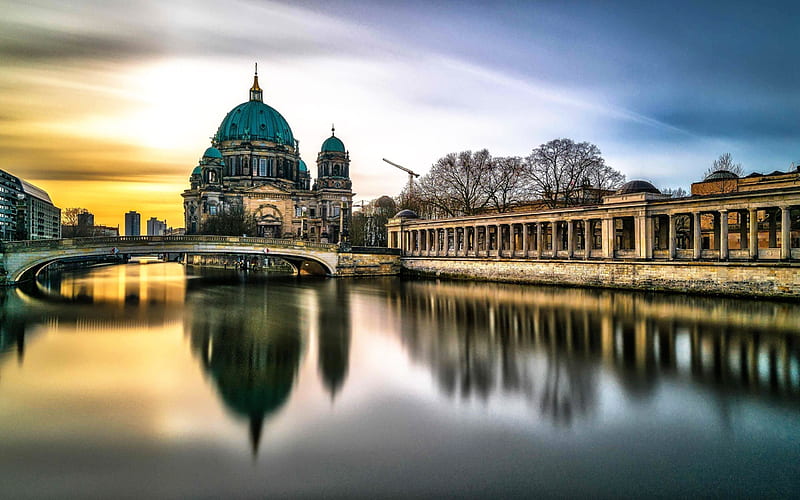 Berlin, bridge, sunset, Berlin cathedral, Museum Island, Germany, HD wallpaper