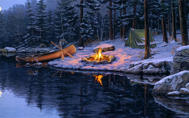 Camping near a river, forest, art, camp, abstract, winter, fire, snow, painting, nature, river, HD wallpaper