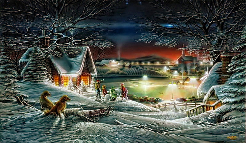 Evening star, cottages, children, countryside, puppies, painting, village, evening, cabins, star, light, kids, night, rink, calmness, holiday, christmas, houses, fun, new year, joy, trees, winter, serenity, snow, slope, ice, peaceful, dogs, HD wallpaper