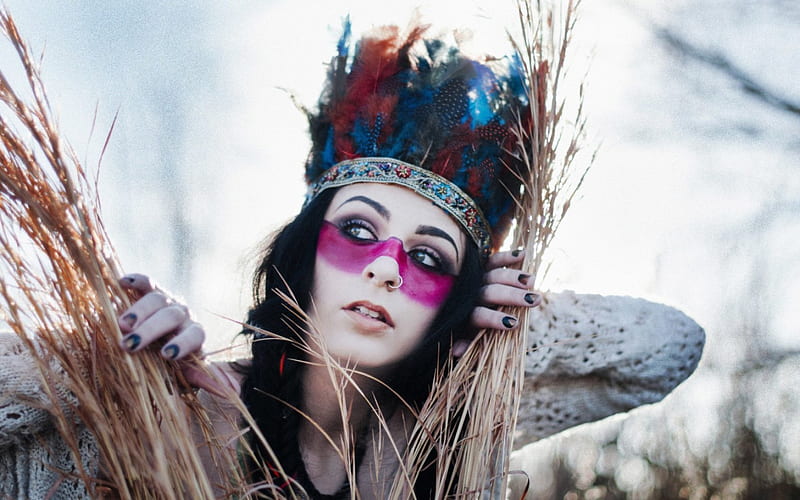 Girl, indian, native, woman, pink, pocahontas, blue, feathers, HD ...
