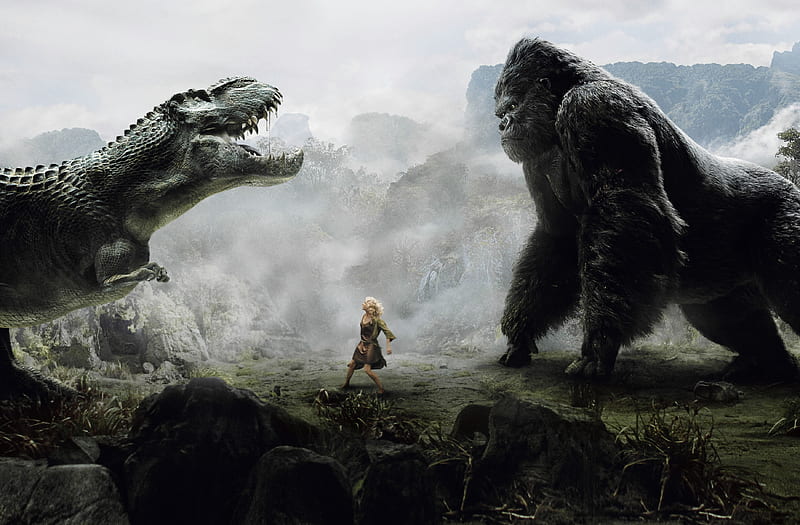 King Kong, trex, battle, mountains, jungle, beauty, gorilla, HD wallpaper