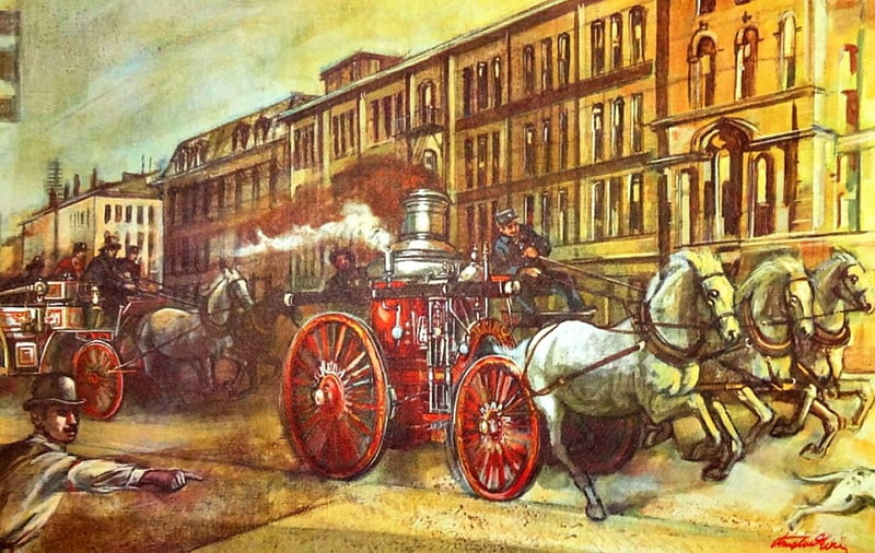 Fire Brigade, city, alarm, painting, artwaork, firefighters, carts, horses, vintage, HD wallpaper