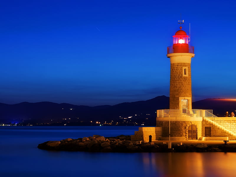 Lighthouse Illumination, house, illumination, ocean, dusk, twilight, lake, lighthouse, sea, water, stone, inlet, classic, light, HD wallpaper