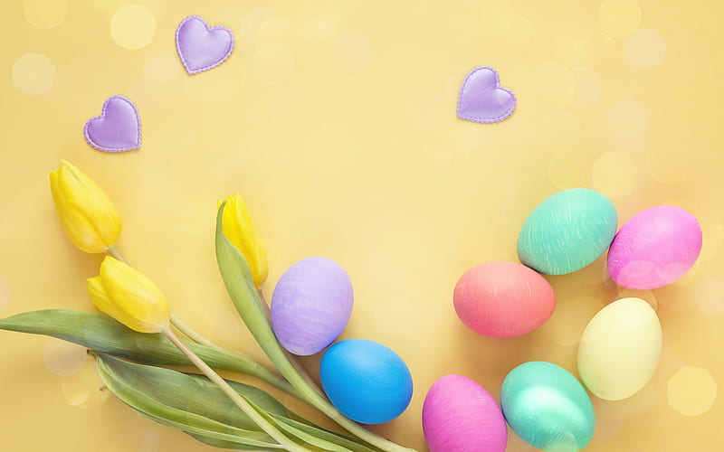 Easter eggs, yellow background, painted eggs, April 1, April 8, 2018, Easter, yellow tulips, postcard background, spring flowers, HD wallpaper