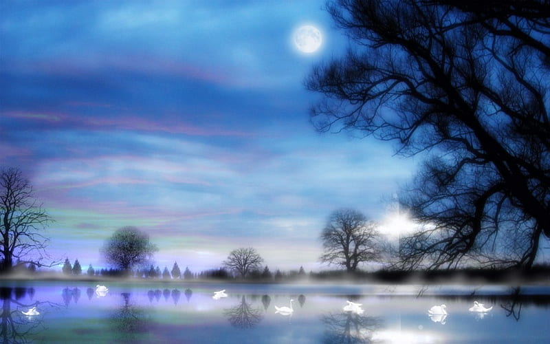 Come the Dusk, tree, moon, dusk, lake, blue, HD wallpaper | Peakpx