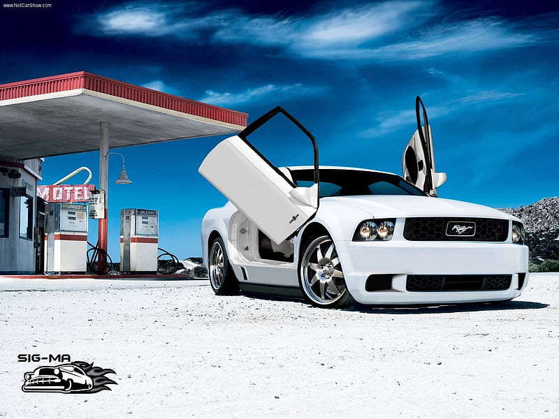 Mustang, ford, car, gas station, white, HD wallpaper