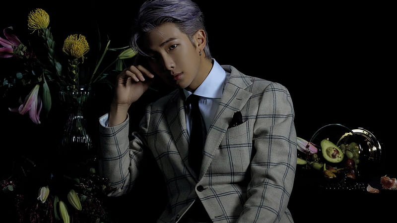 K-Pop RM Singer Is Wearing Ash White Coat Suit Sitting In Black Background BTS RM, HD wallpaper