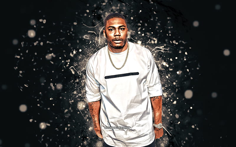 Nelly, 2020, american rapper, white neon lights music stars, Cornell Iral Haynes Jr, american celebrity, Nelly, HD wallpaper