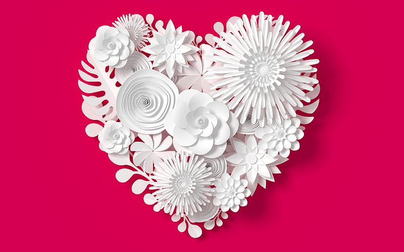 white heart, origami, paper flowers, white heart on a pink background, heart of flowers, HD wallpaper