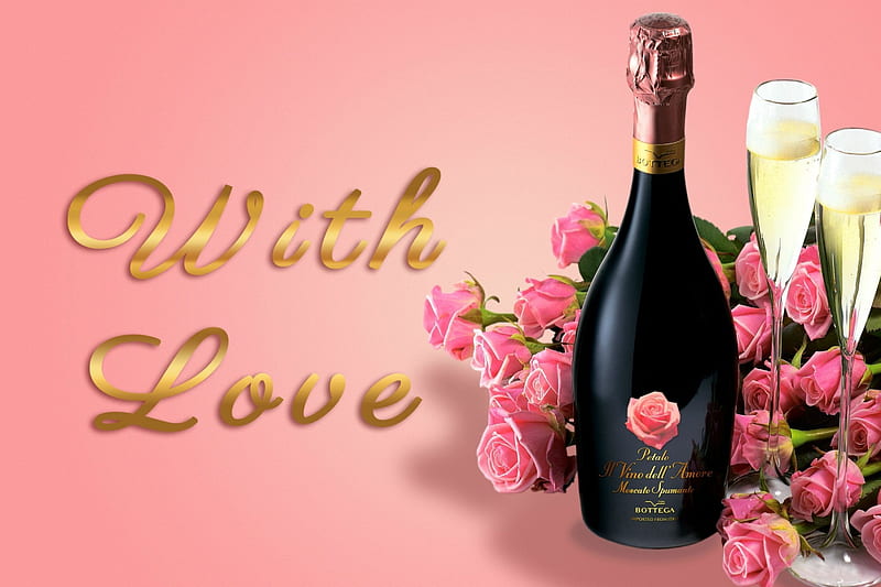Love~Roses~Champagne , romantic, romance, bottle, glasses, roses, Valentines, Valentines Day, Valentine, flowers, champagne, HD wallpaper