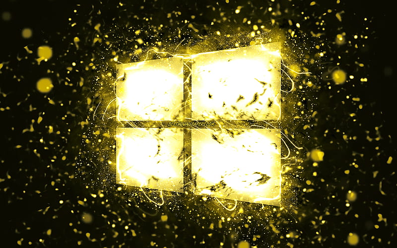 Windows 10 yellow logo yellow neon lights, creative, green abstract background, Windows 10 logo, OS, Windows 10, HD wallpaper