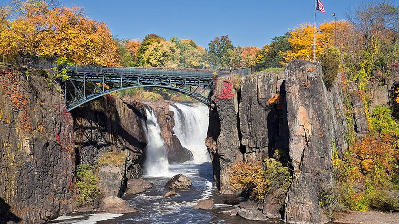Great Falls National Historical Park, Paterson, New Jersey, American Flag, Colors, Flag, Waterfall, Autumn, Blue, Froest, Ripples Rock, Green White, Trees, Rust, Rushing Water, Gold, USA, Red, Sky, Orange, Foilage, Foam, New Jersey, Water, Mountains, Bridge, HD wallpaper