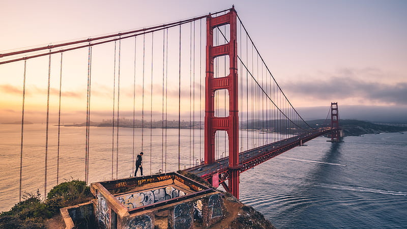 Boy Walking Over Golden Gate Bridge , golden-gate-bridge, graphy, HD wallpaper