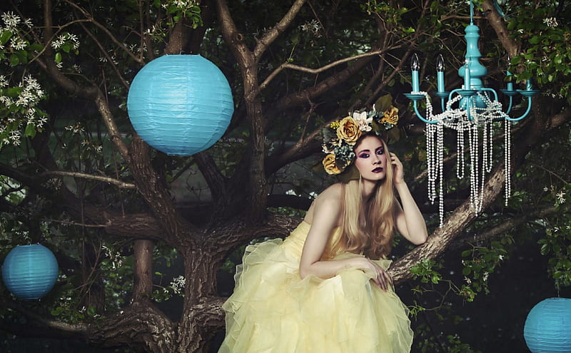 forest, dress, lantern, model, yellow, lampions, creative, woman, tree, girl, flower, blue, HD wallpaper