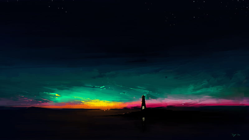 Artistic, Lighthouse, Landscape, Night, Sky, HD wallpaper