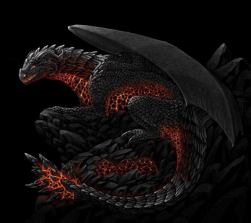 Dragon Guardian, black, dark, draco, dragon, drake, fire, serpent, wings, HD wallpaper