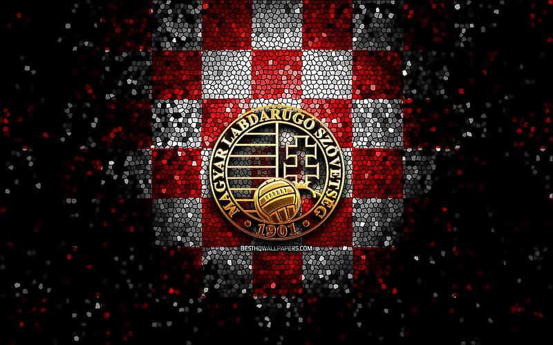 Hungarian football team, glitter logo, UEFA, Europe, red white checkered background, mosaic art, soccer, Hungary National Football Team, HFF logo, football, Hungary, HD wallpaper