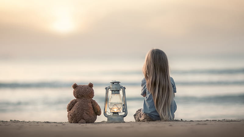 Back View Of Teddy Bear And Girl Child Is Sitting Near Beach Cute, HD wallpaper