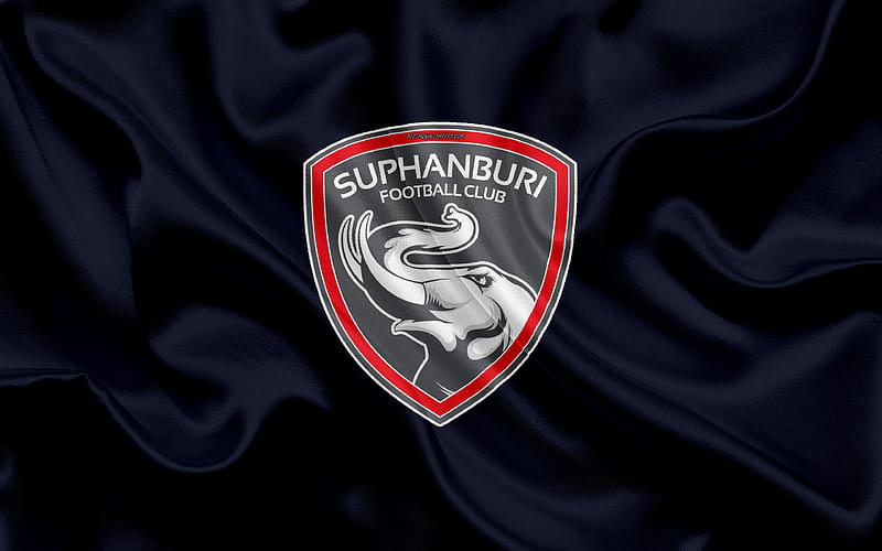 Suphanburi FC logo, silk texture, Thai professional football club, dark blue flag, Thai League 1, Sufan Buri, Thailand, football, Thai Premier League, HD wallpaper