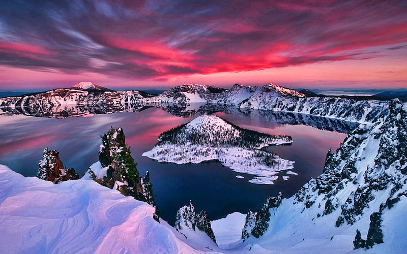 Crater Lake, winter, sunset, beautiful nature, USA, Crater Lake National Park, America, Crater Lake in the winter, HD wallpaper