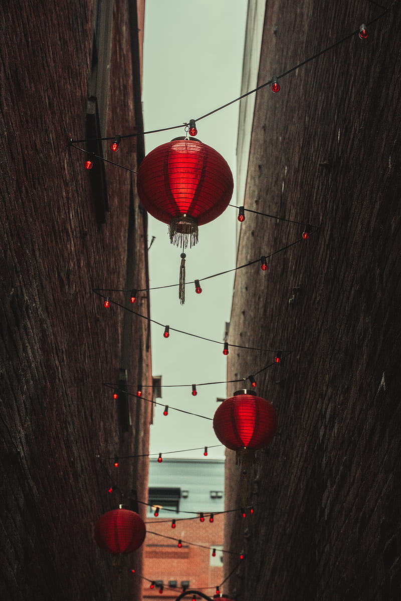 chinese lanterns, lanterns, garland, buildings, red, HD phone wallpaper