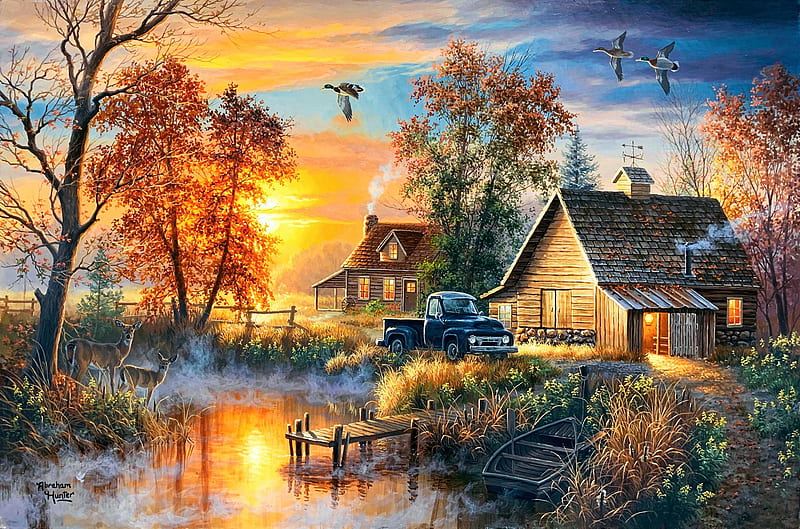 Autumn Mist, fall, sun, pier, colors, sunset, cabin, sky, clouds, trees, deer, artwork, car, painting, river, HD wallpaper