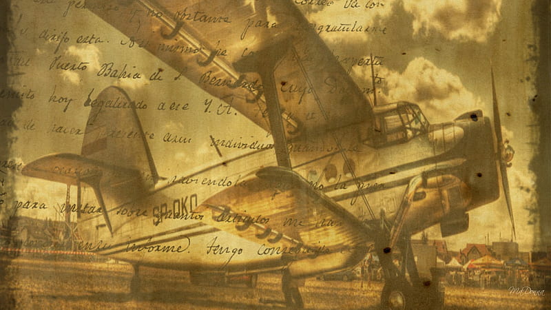 Old Plane, grunge, airplane, antique, clouds, sky, writing, old, vintage, HD wallpaper