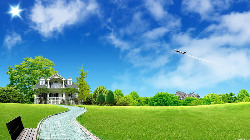 plane over suburbia, plane, grass, suburb, houses, clouds, HD wallpaper