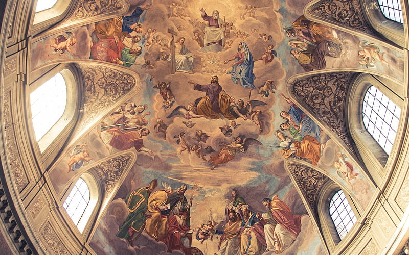 Holy Trinity and Saints, plafond, church, fresco, Holy Trinity, Saints, ceiling, HD wallpaper