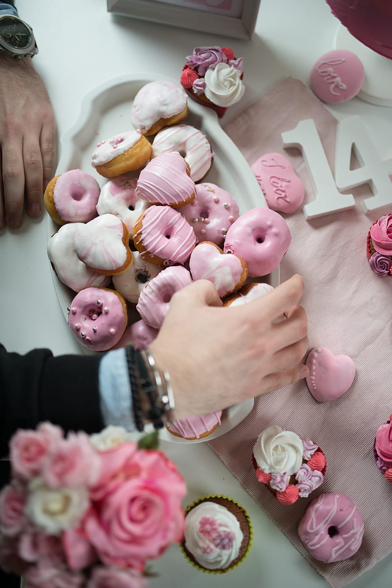 donuts, glaze, dessert, pink, hand, HD phone wallpaper