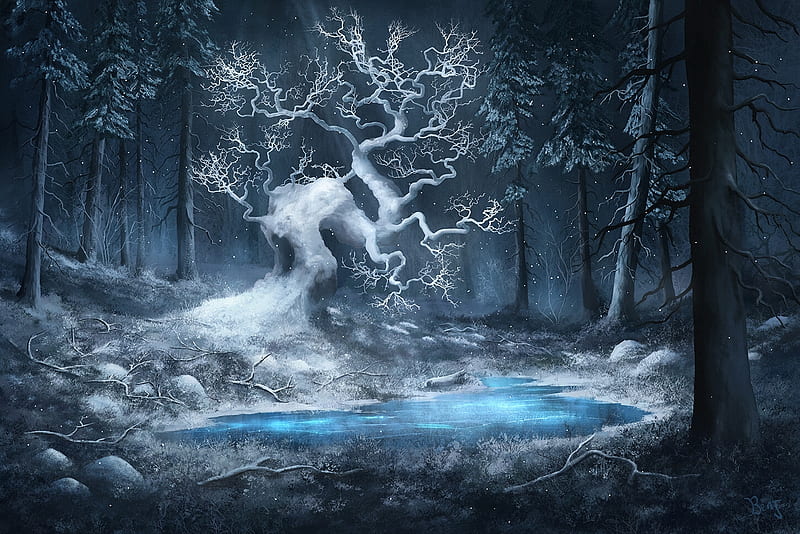 Fantasy tree, world, ben j, fantasy, tree, luminos, dark, benj, winter, iarna, HD wallpaper