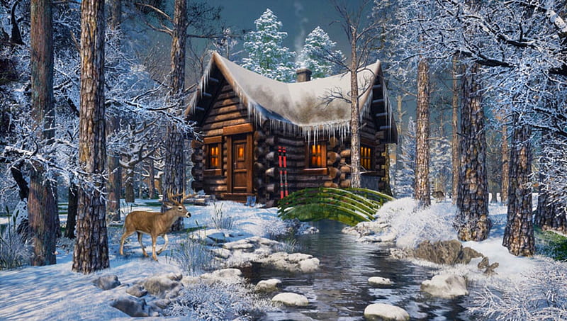 Scenic Winter Log Cabin, Woods, cottage, snow, Scenic, home, Winter, Cabin, deer, Stream, HD wallpaper