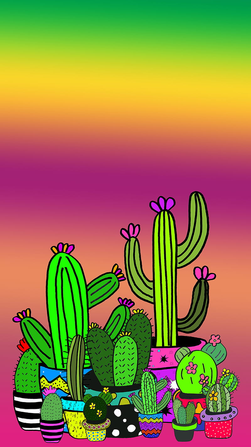 rainbow cactus, blue, cactuses, desert, drawing, green, nature, plant, tropical, yellow, HD phone wallpaper