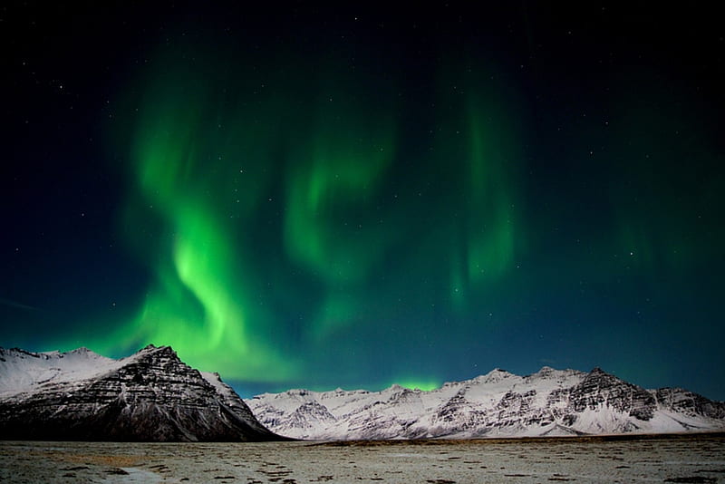 Aurora, arctic, borealis, iceland, lights, mountains, northern, landscape, coast, night, HD wallpaper