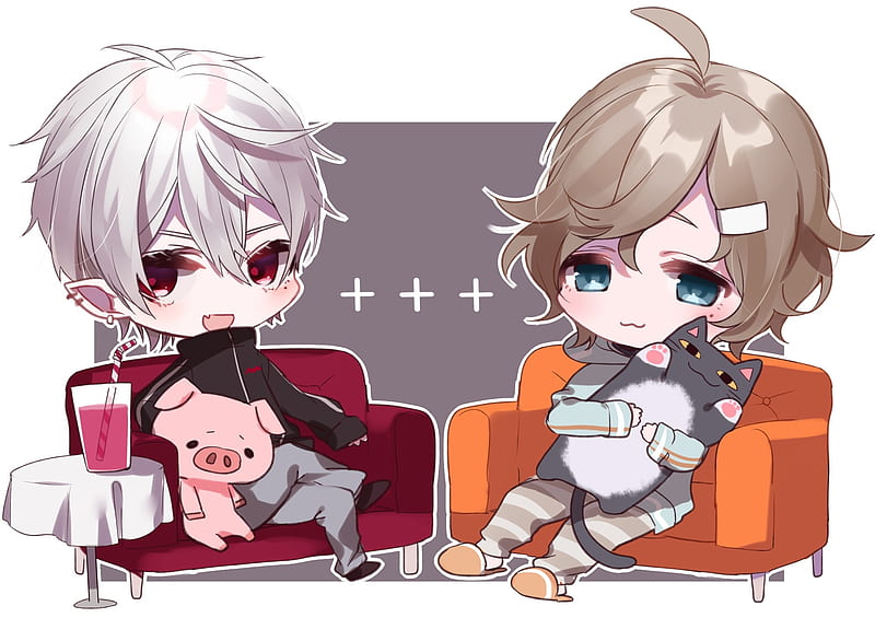 anime boys, chibi, couch, friends, fang, Anime, HD wallpaper