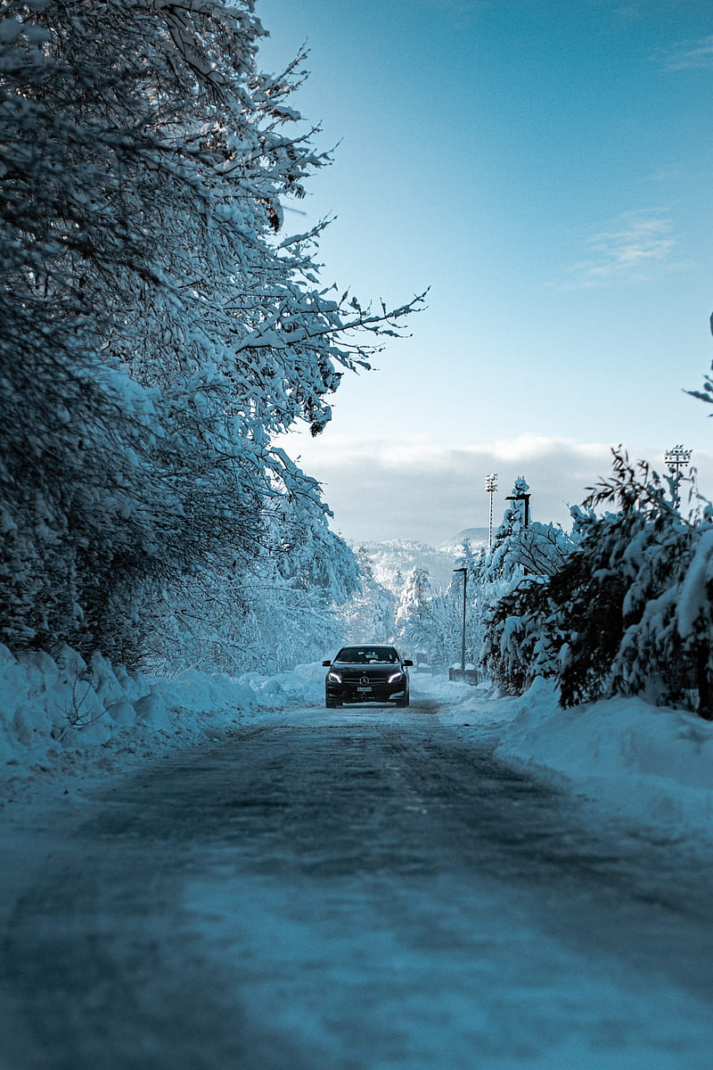mercedes, car, black, road, snow, winter, HD phone wallpaper