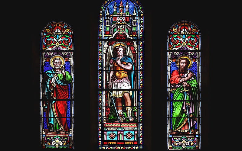 Apostles and Angel, Pater, Paul, angel, apostles, stained glass, HD wallpaper