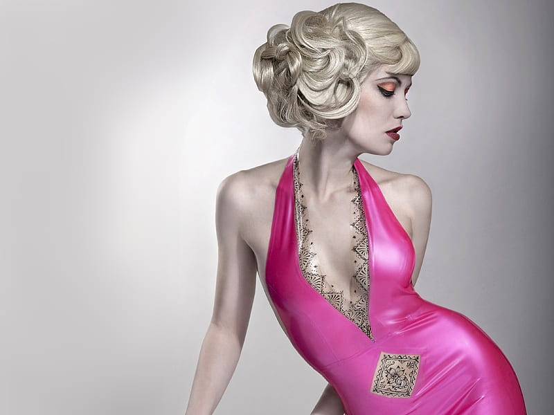 Pink dress, female, profile, girl, phot, beauty, lady, woman, pink, HD wallpaper