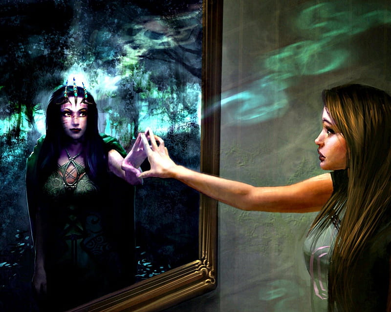 Dark side, goth, fantasy, mirror, reflection, woman, HD wallpaper