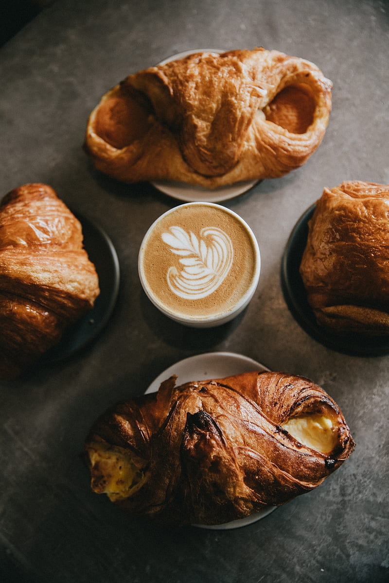 coffee surrounded by four baked breads, HD phone wallpaper