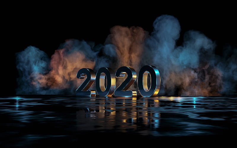 Black 2020 background, Happy New Year 2020, creative art, 2020 3d background, smoke, water, 2020 concepts, HD wallpaper