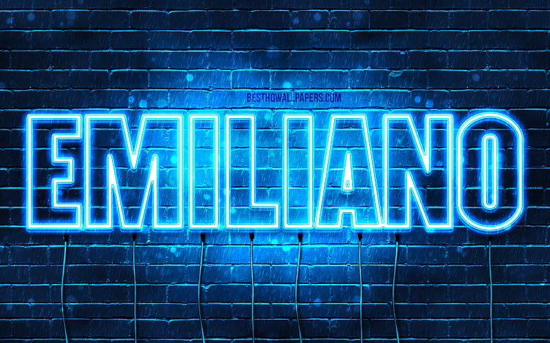 Emiliano with names, horizontal text, Emiliano name, blue neon lights, with Emiliano name, HD wallpaper