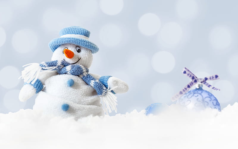 snowman, blue christmas ball, winter, snow, christmas, new year, winter background, HD wallpaper