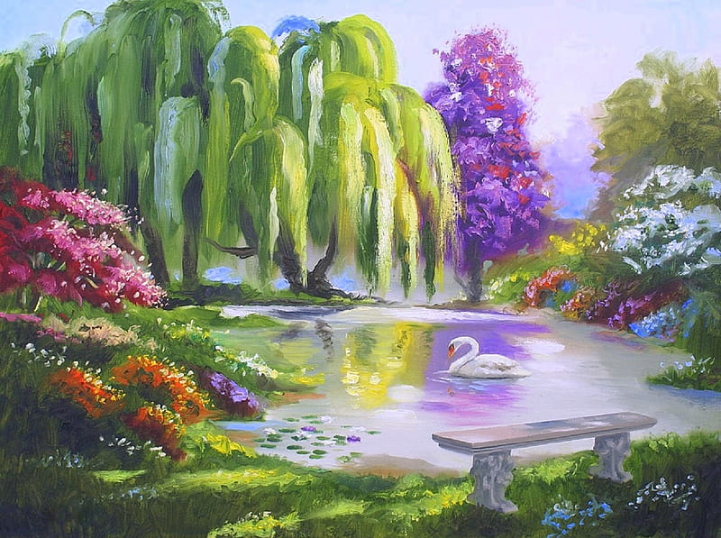 Swan Weeping Willow, lakes, bench, love four seasons, spring, attractions in dreams, swan, trees, swans, parks, paintings, summer, nature, HD wallpaper